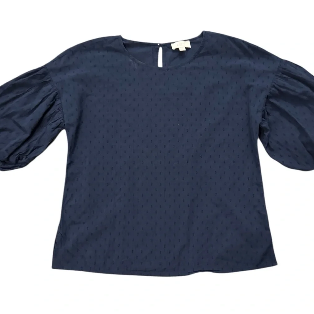 LOFT Outlet Navy Blue Swiss Dot Blouse XS Puff Sleeve Cotton Top